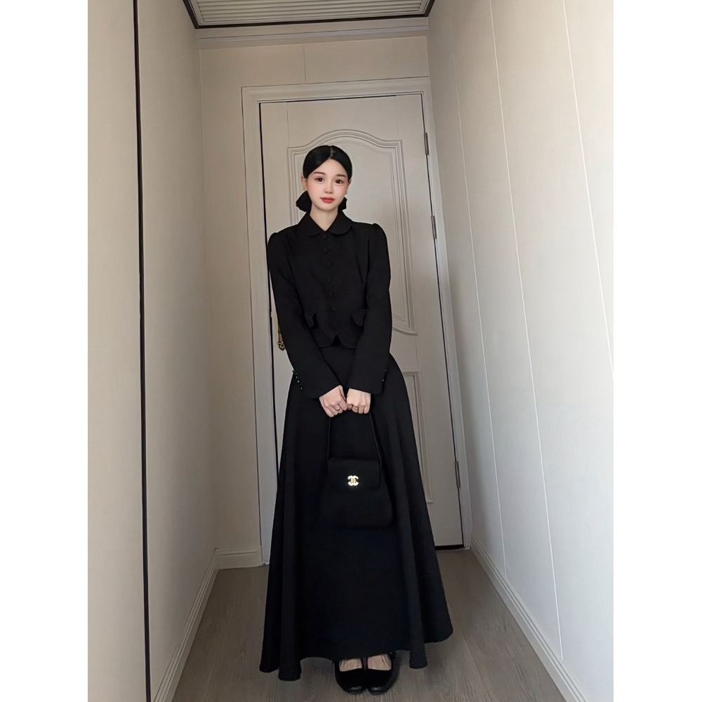 古早韩女 温柔复古感粉色包扣小外套A字高腰伞裙两件套装D752