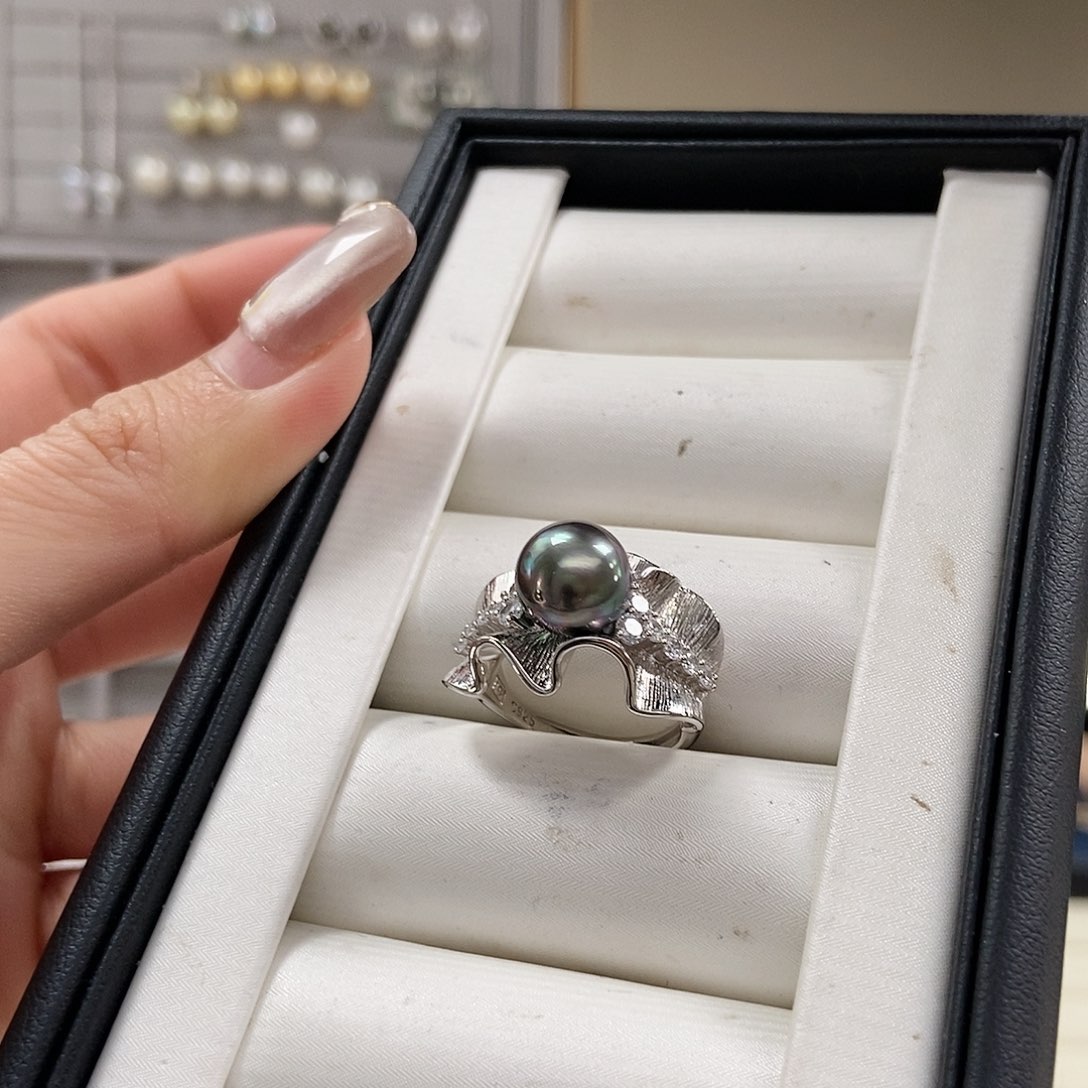 海水珍珠戒圈银S925镶嵌大溪地黑珍珠