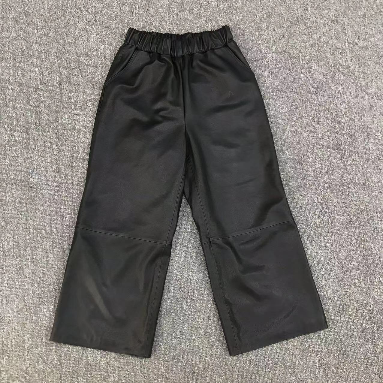 dlc女士牛皮阔腿皮裤松紧腰休闲百搭黑色