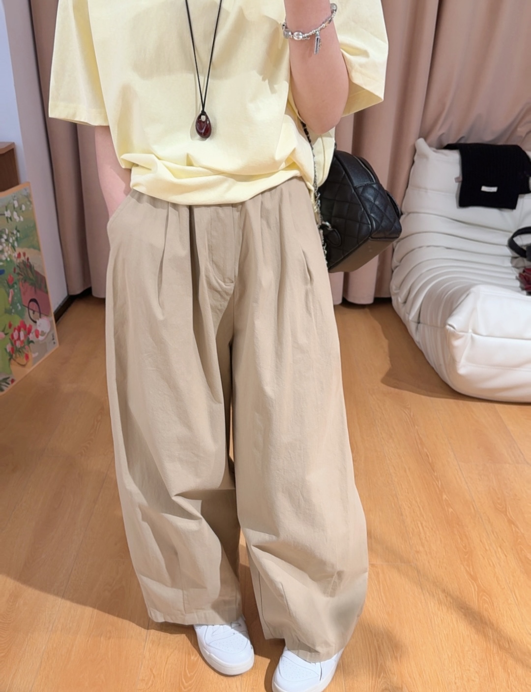 13286余小鱼【香水咖啡】两色压褶百搭松紧腰时尚宽松休闲裤女装