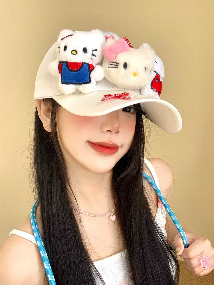 可爱Kitty猫蝴蝶结棒球帽女2025新款硬顶鸭舌帽显脸小大头围帽子