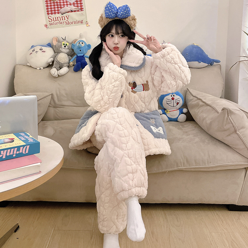 三层珊瑚绒夹棉加厚睡衣女士冬季卡通狗家居服套装可外穿加绒冬天