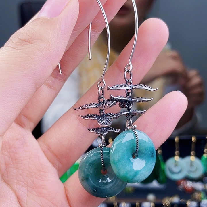 翡翠耳饰银S925镶嵌饰品