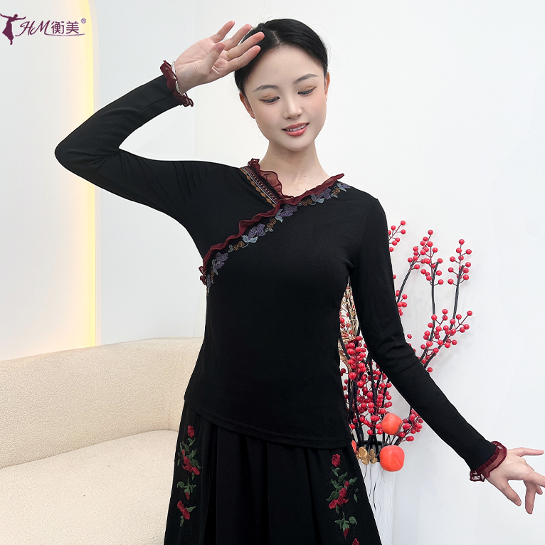 2025秋冬新款古典舞练功服拼接花边成人女刺绣修身现代舞广场舞服