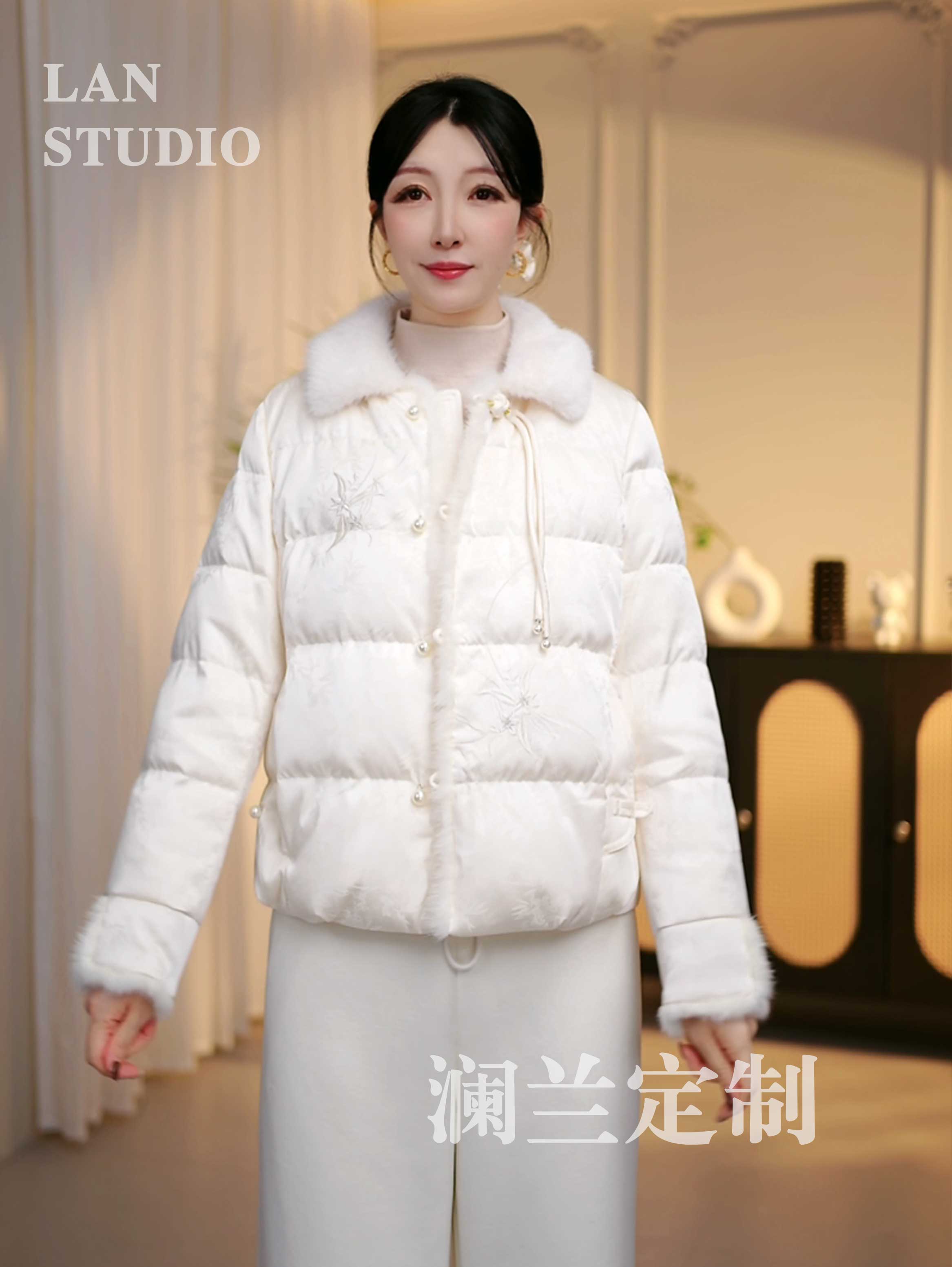 55#-【羽绒】轻奢高级温柔粉色新中式国风毛领短款90绒羽绒外套