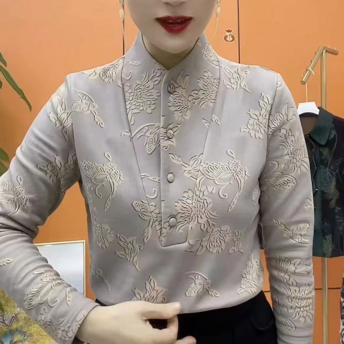 冬季高领加厚保暖秋季女印花蕾丝长袖打底法式绒衫