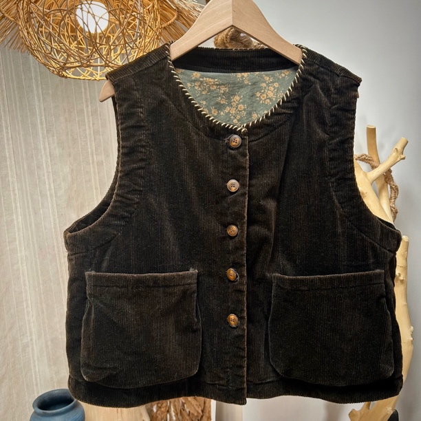 高定原创设计复古休闲百搭品质款条绒手工棉双层厚马甲秋冬新款