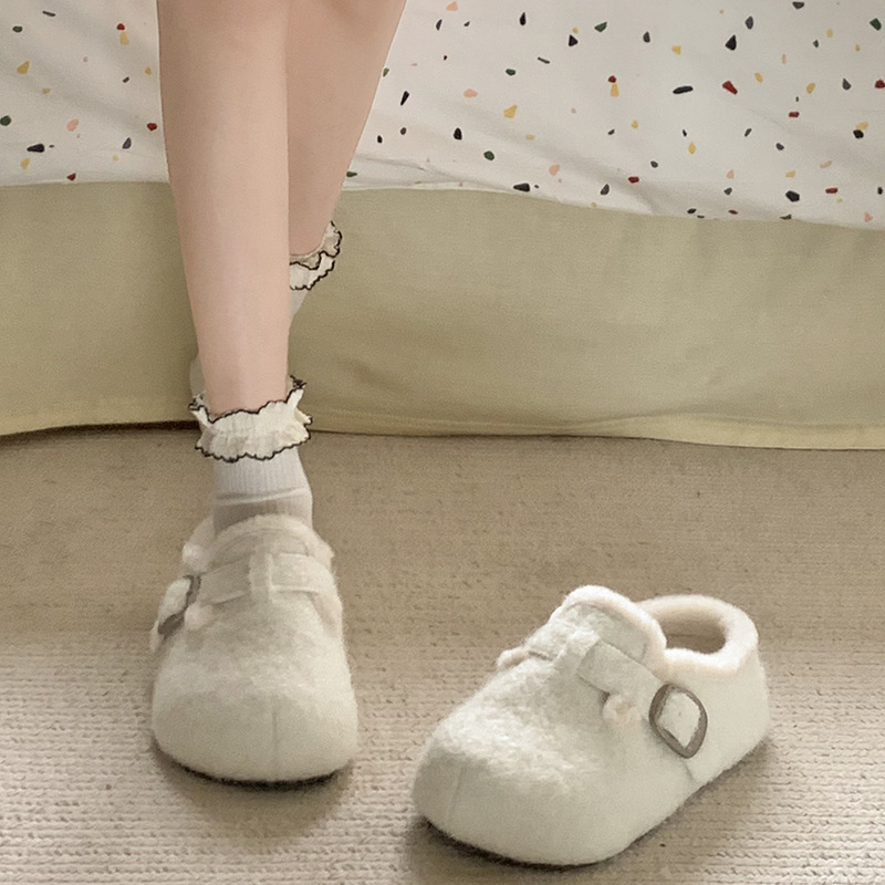 时尚气质白色平底棉鞋女2024新款冬季加绒加厚保暖一脚蹬勃肯鞋子