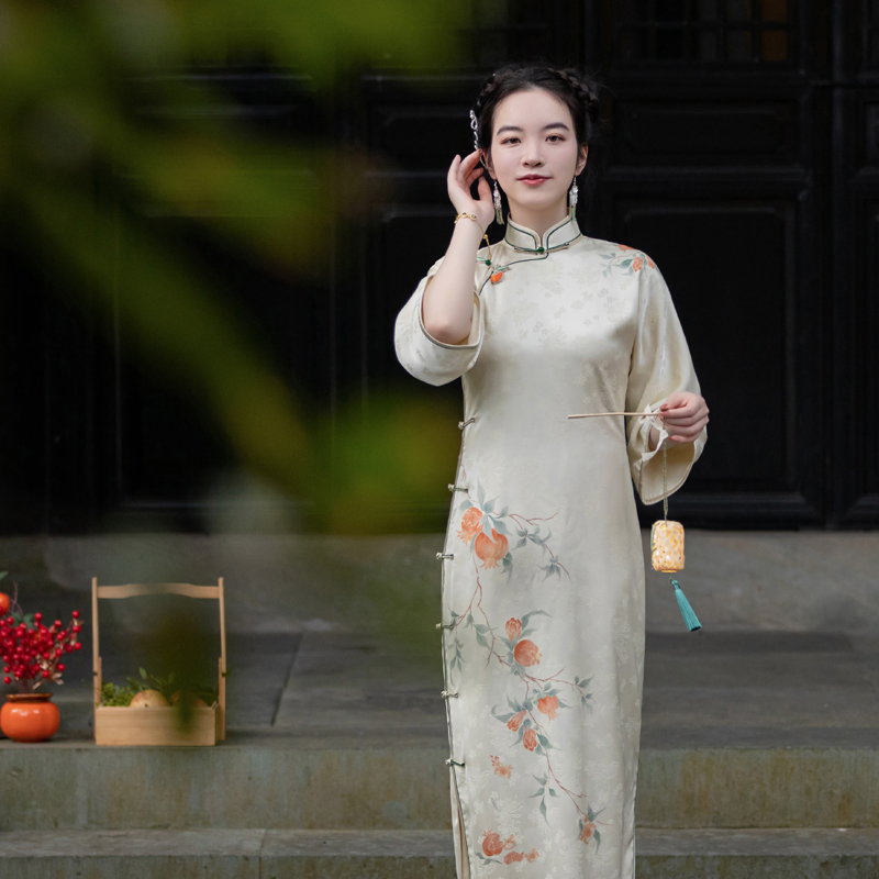 石榴招财蟹 扶夏 春秋古法无省旗袍倒大袖定位印花可爱少女年轻款