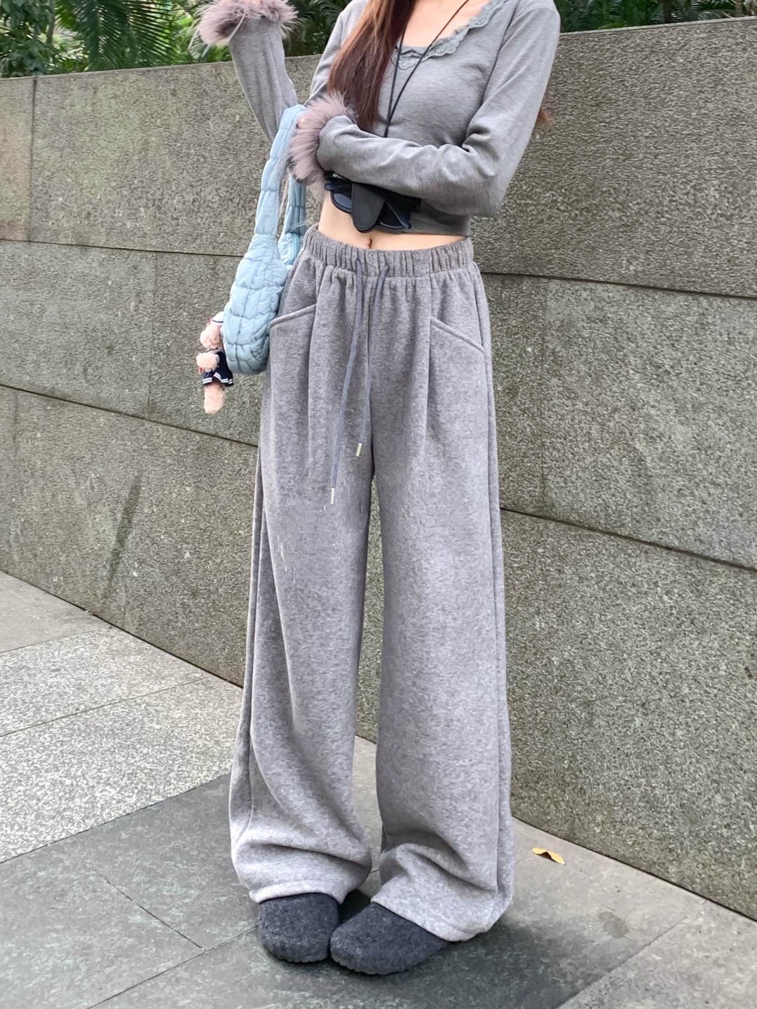 【在在at at】加绒加厚高腰抽绳垂感拖地裤宽松休闲阔腿裤