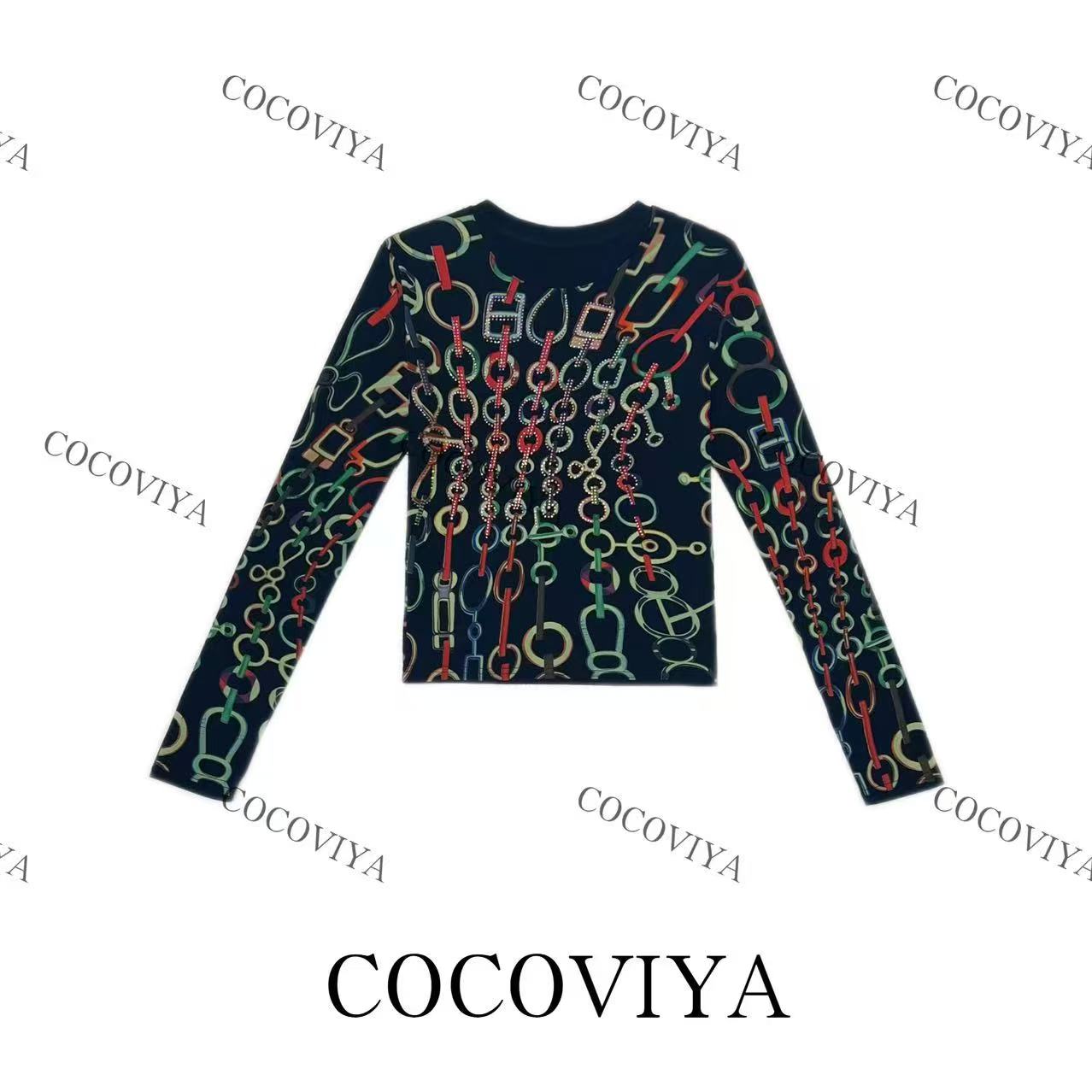 【XY】COCOVIYA彩色链条满印烫钻复古轻奢个性长袖T恤 26C-868