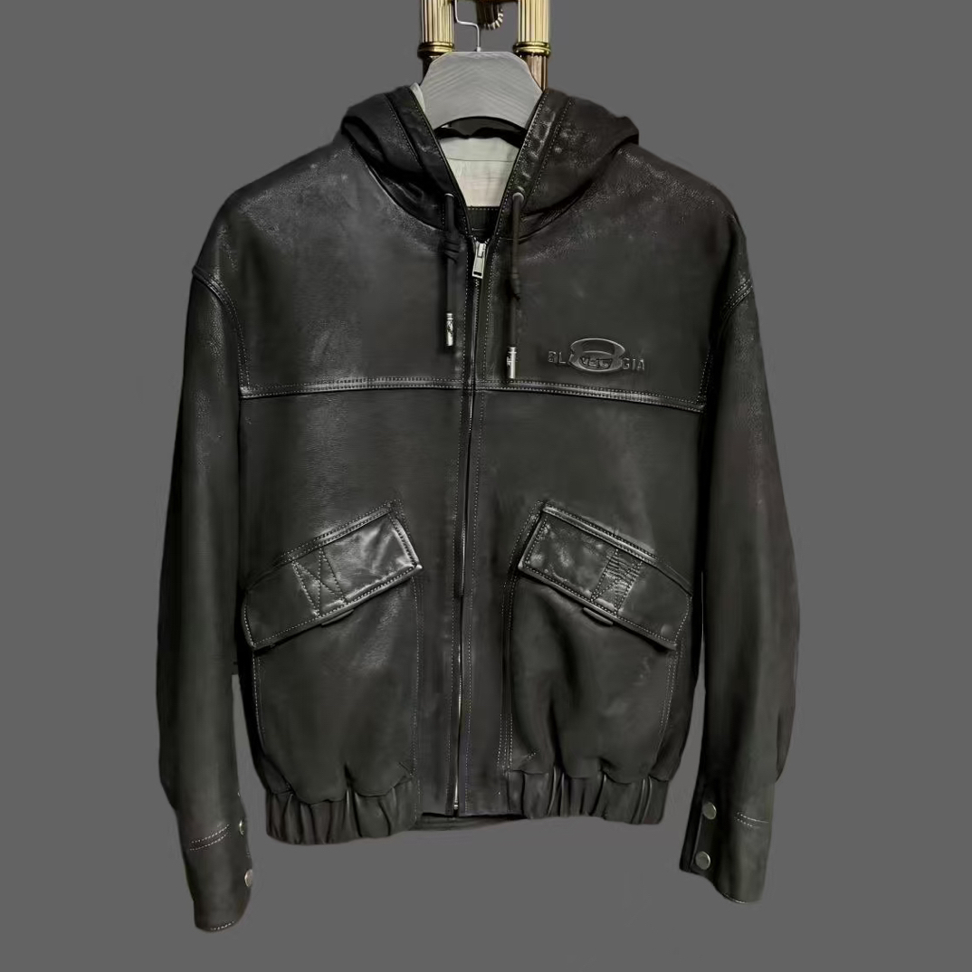 重工水洗做旧宽松型连帽皮衣潮流简约休闲真皮皮衣夹克外套