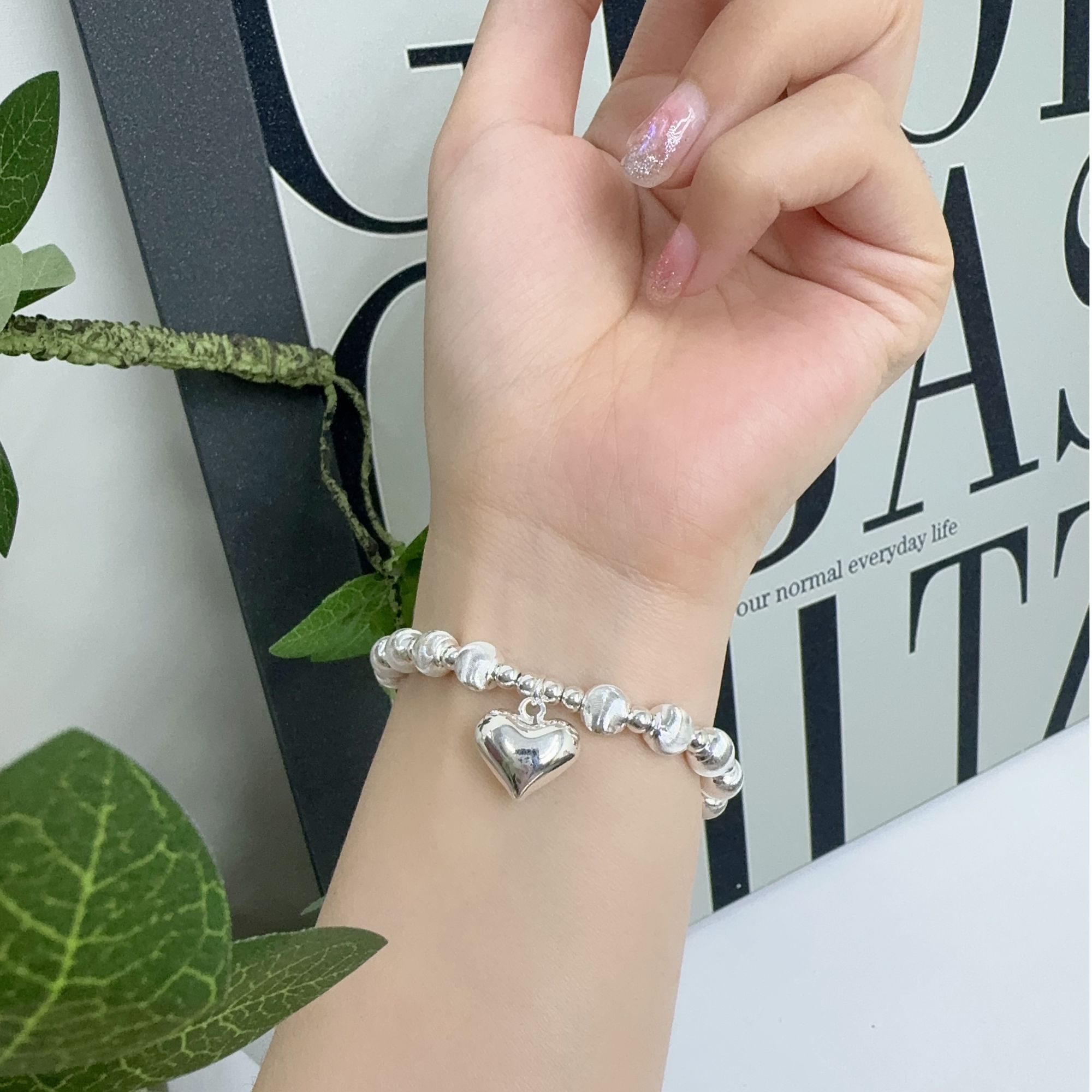 足银手链 足银猫眼珍珠爱心弹力气质百搭手链2