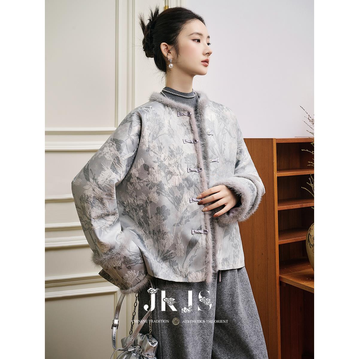 JKJS【风望川】人丝炒色提花 水貂毛夹棉外套新中式棉袄短款棉衣