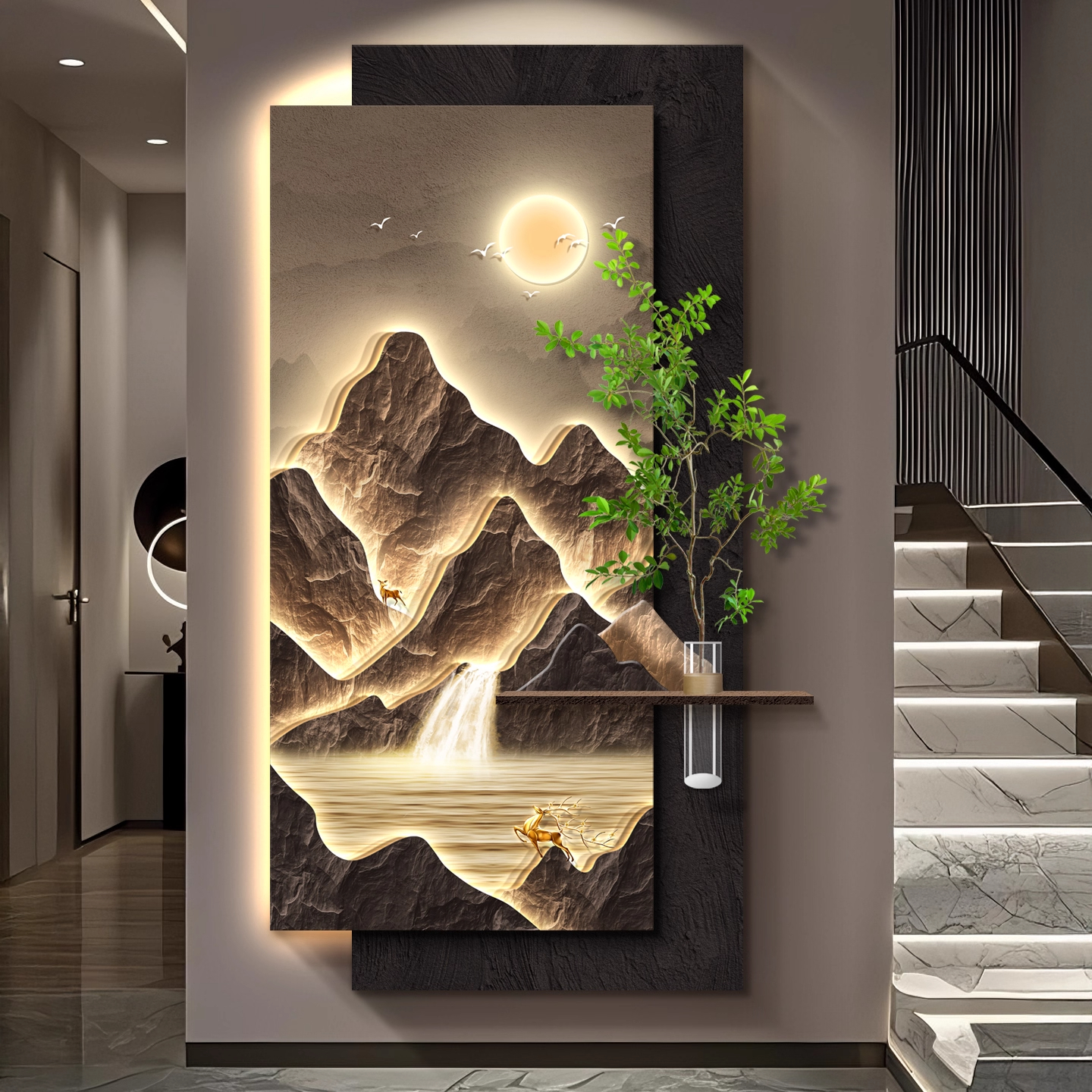 入户正对门玄关装饰画竖款走廊过道壁画高级感山水画砂岩客厅灯画