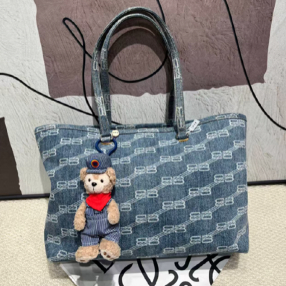 95新 Balenciaga/巴黎世家 蓝色牛仔满logo托特包购物袋单肩包