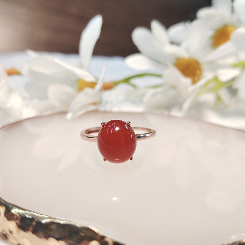 南红冰红蛋面经典四爪银戒指可调节