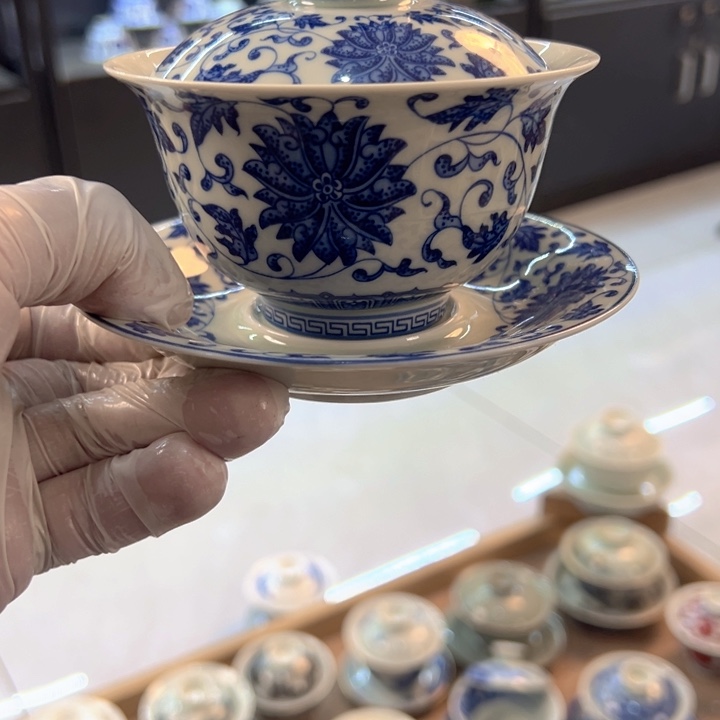 瓷片白青花缠枝莲元宝盖碗全品