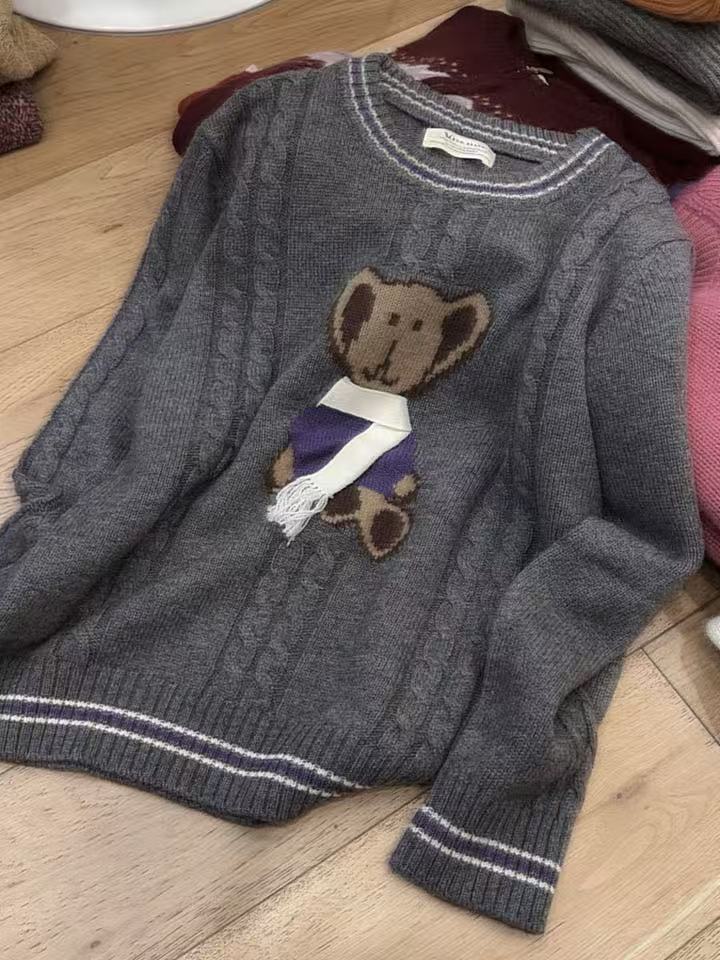 七言家 萌趣小熊！深灰卡通提花毛衣2