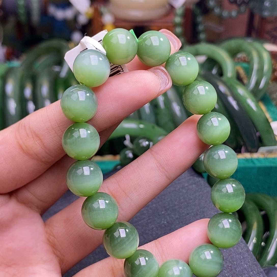 未镶嵌手镯和田玉碧玉老料猫眼粉绿手串11.5mm