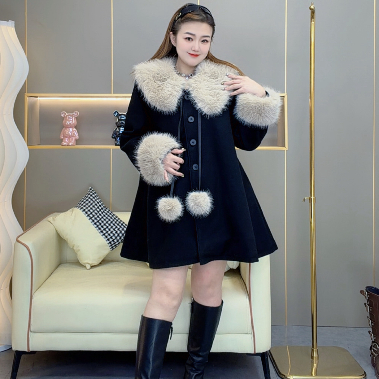 大码秋冬新款拼接毛绒领外套女韩系复古法式气质夹棉毛呢大衣725