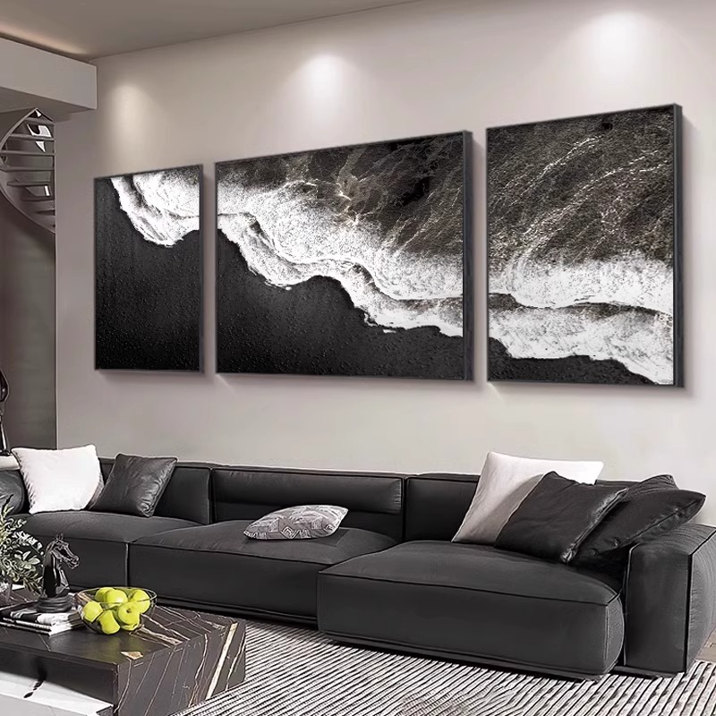 黑色海滩客厅装饰画现代轻奢沙发背景墙挂画肌理高级感三联画壁画