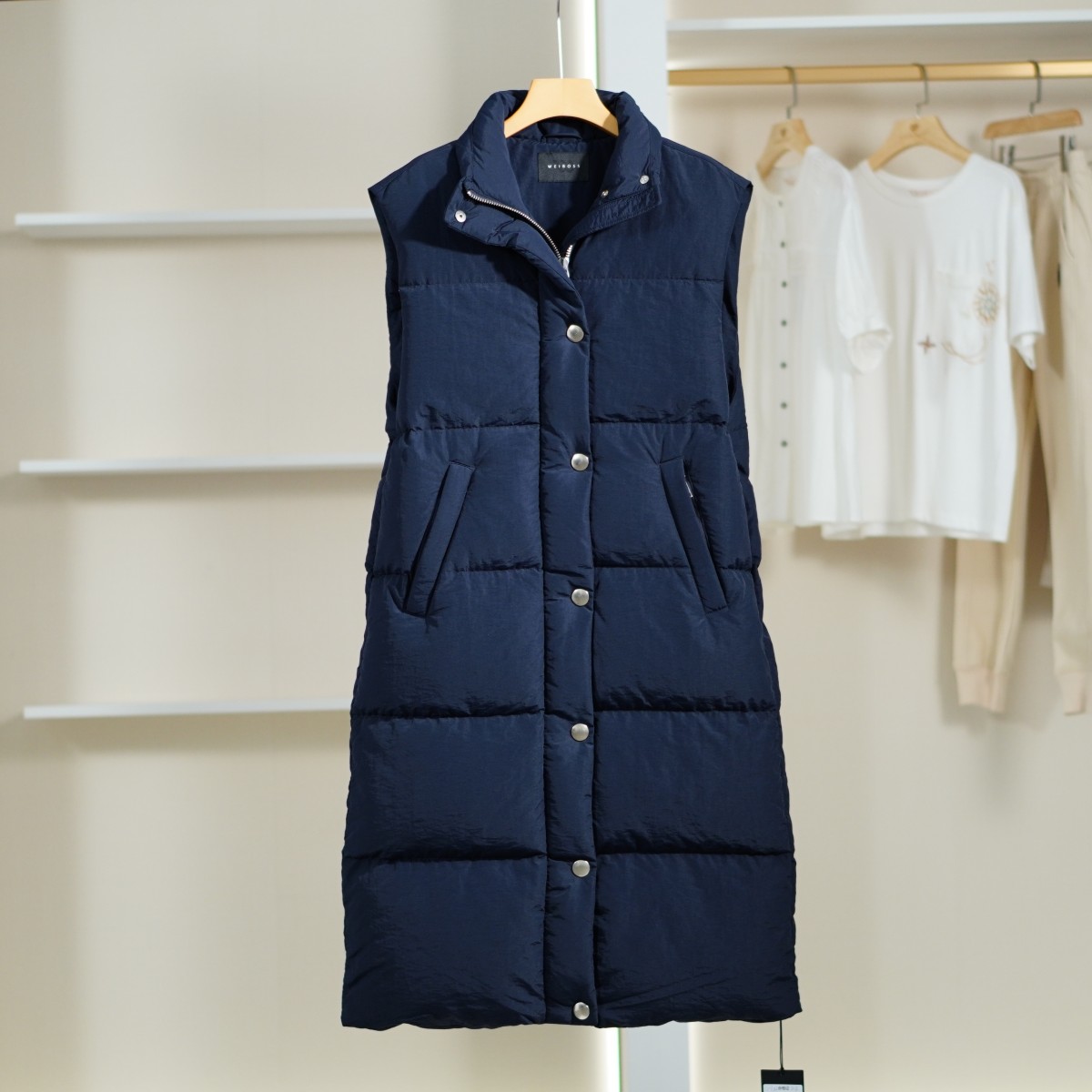 【魏W.D】O-724   女装秋冬加绒保暖无袖长款鹅绒服深蓝色4C1511670