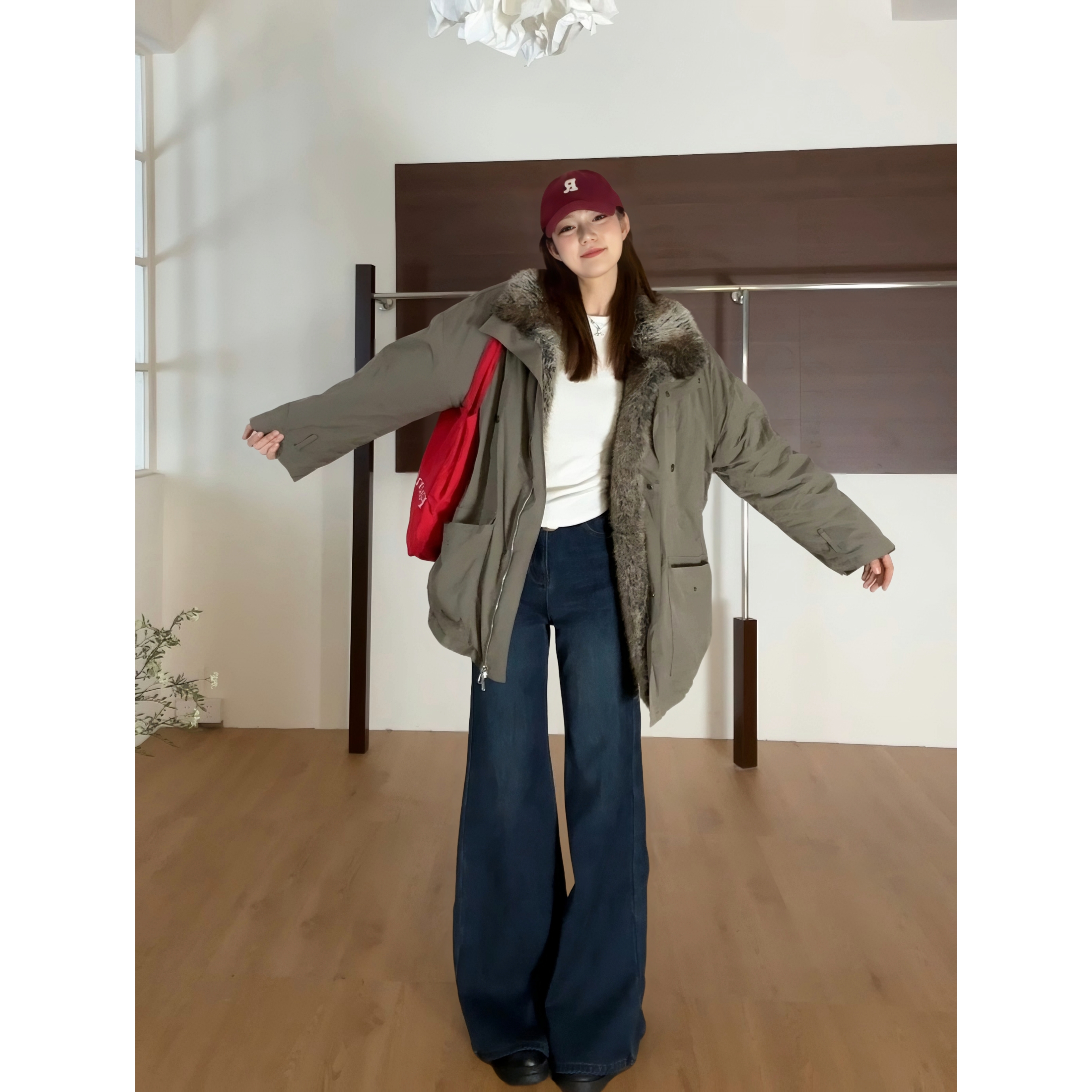 48H【雪山派克】加长保暖仿皮草内胆派克服廓形冬季工装外套25284