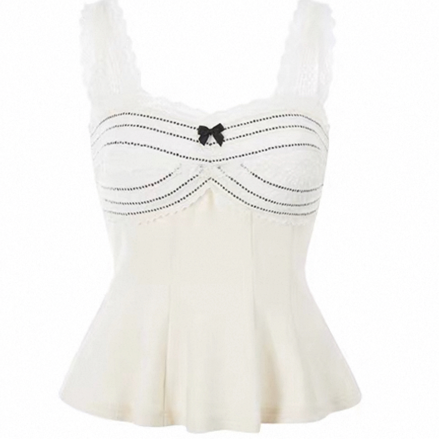 CC STUDIO 撞色蕾丝拼接吊带女甜美蝴蝶结上衣