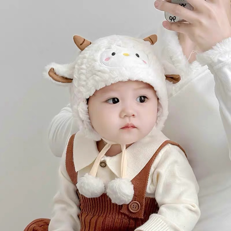 婴儿帽子秋冬款可爱卡通小羊保暖护耳毛绒帽冬天加厚加绒套头帽潮