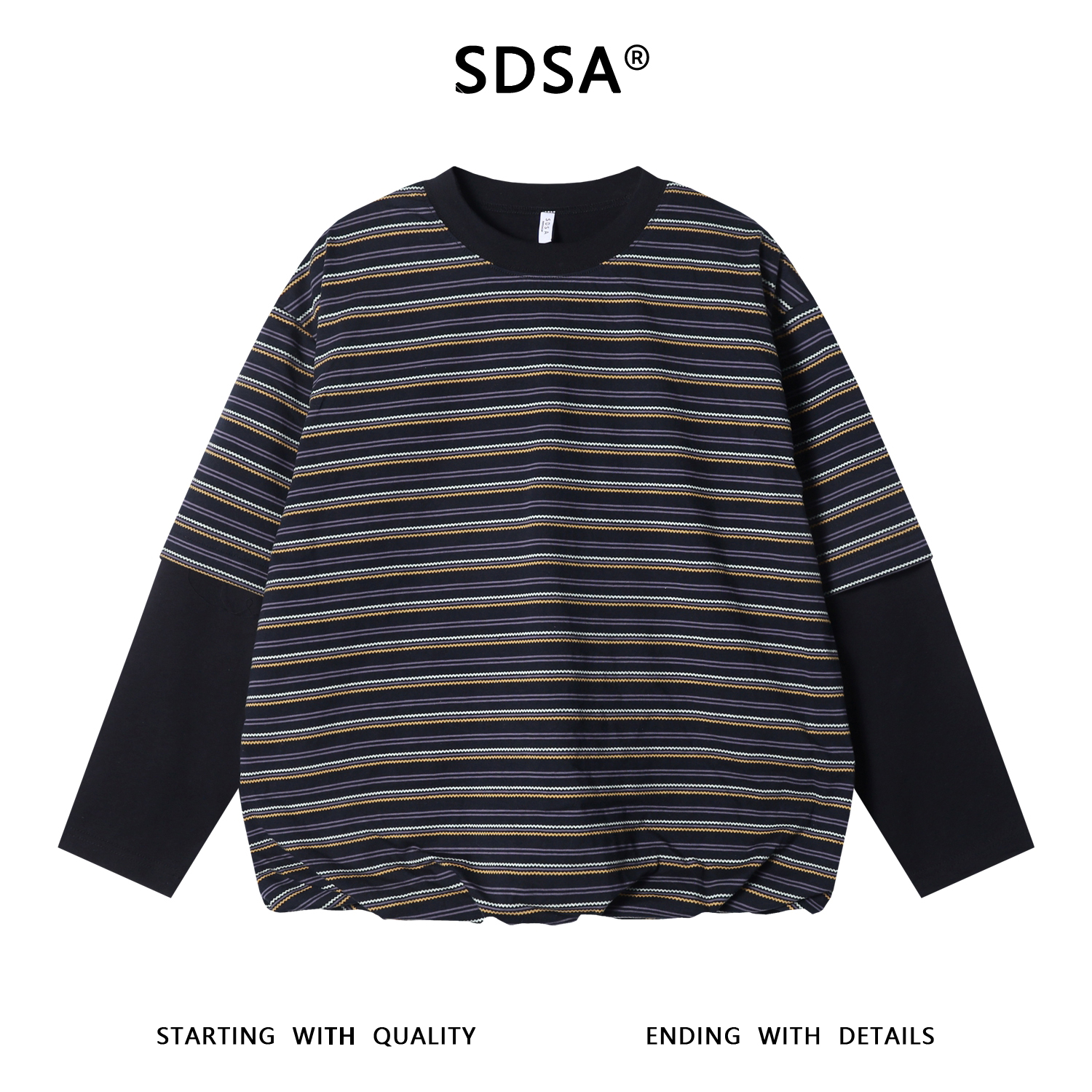 SDSA秋冬新款痞帅男装韩系撞色条纹圆领假两件长袖T恤休闲上衣