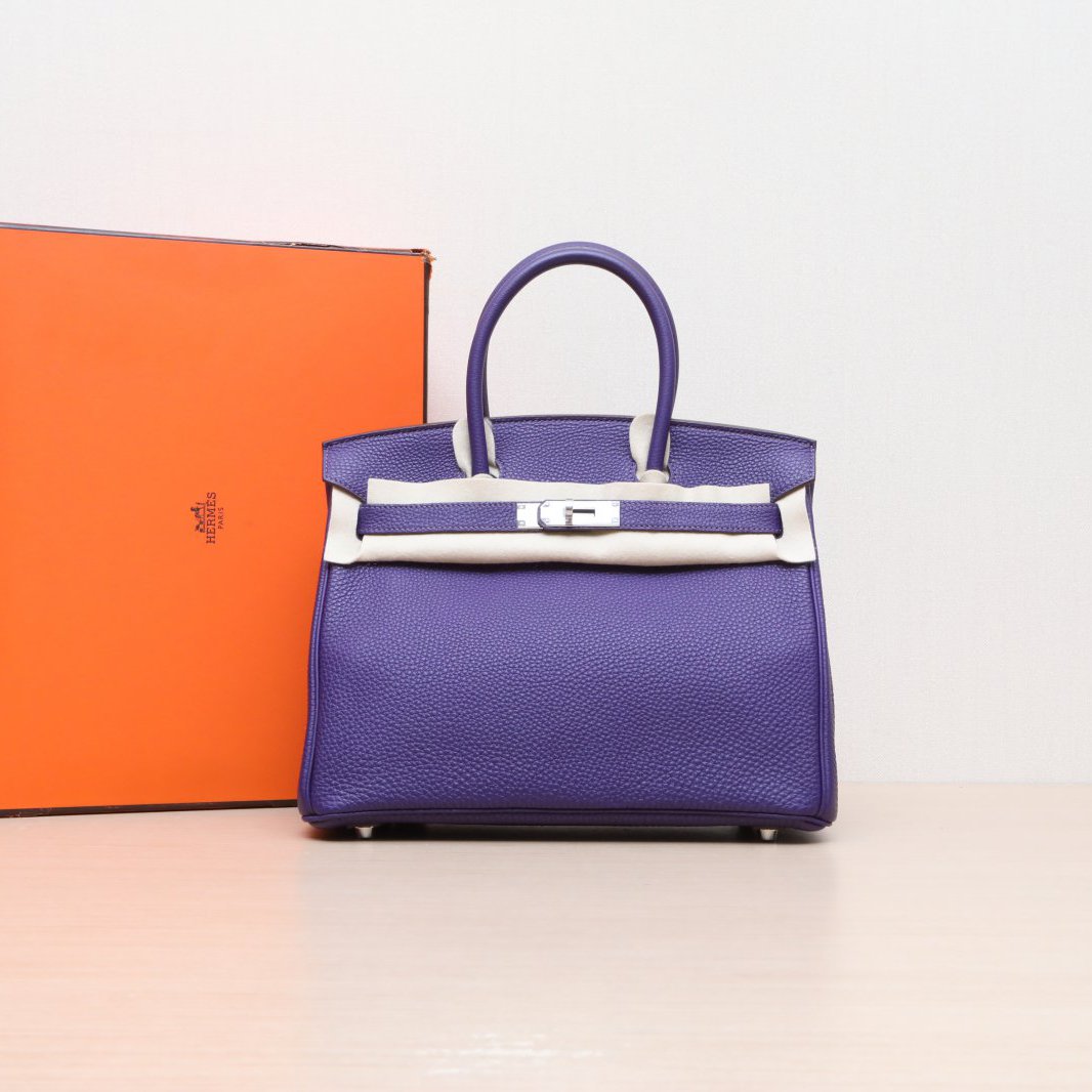 95新 Hermes/爱马仕 小花JerryBirkin 30 鸢尾紫 Togo皮 框N 银扣