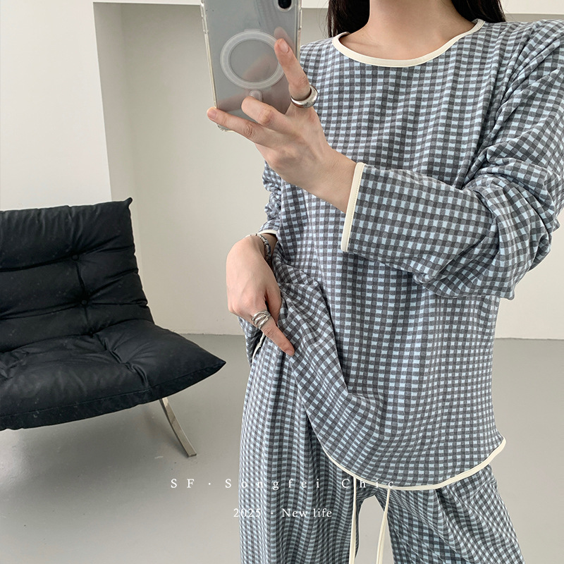 圆领白边撞色格子睡衣套装秋冬宽松慵懒套头磨毛保暖家居服女