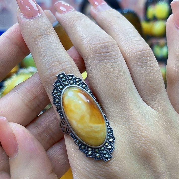 琥珀银S925镶嵌颈饰戒指