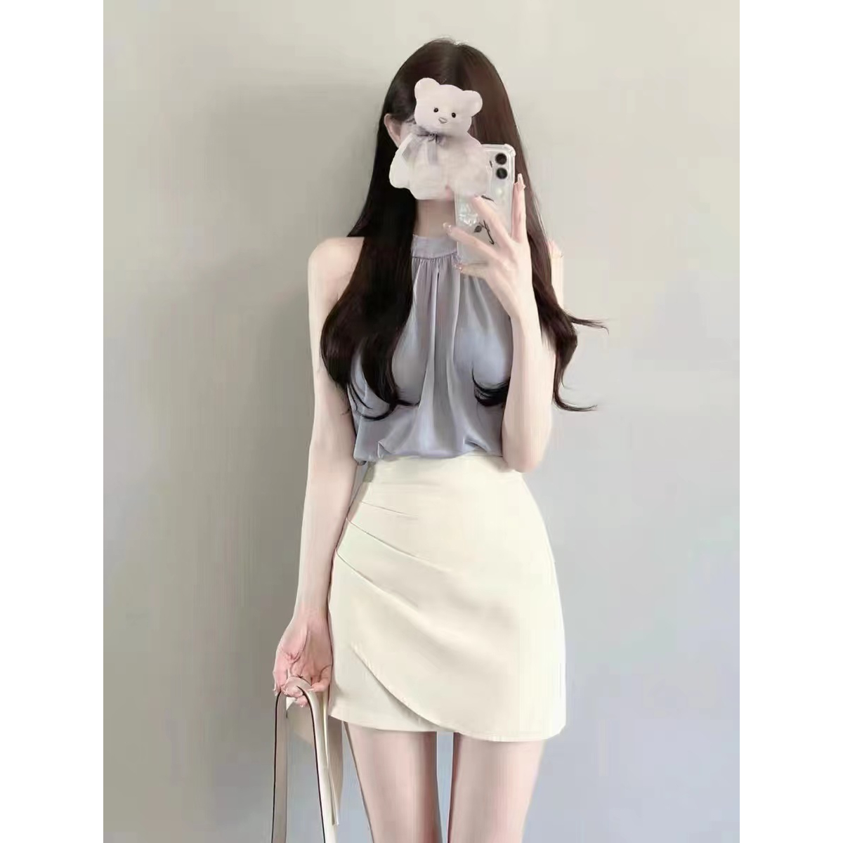 夏季法式初恋甜美气质欲纯风辣妹设计感小众挂脖上衣两件套装裙子