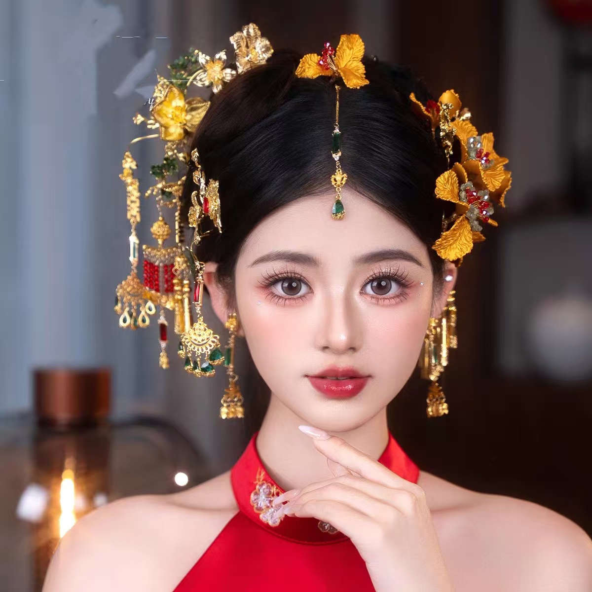 新款撞色三D花步摇龙凤褂新娘头饰7725