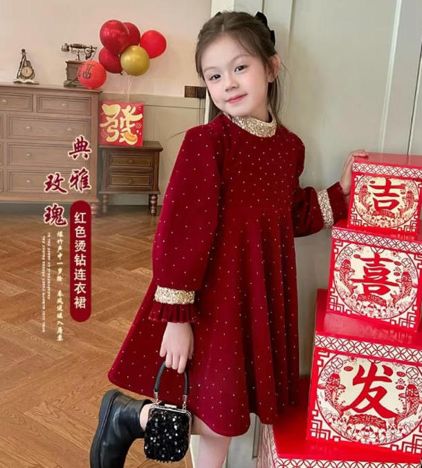 【高品质】女童闪闪烫钻公主裙加绒保暖气质连衣裙12063