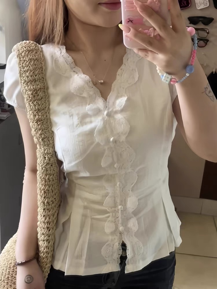 大码女装v领蕾丝白色短袖衬衫新款衬衣胖mm绑带掐腰显瘦气质上衣