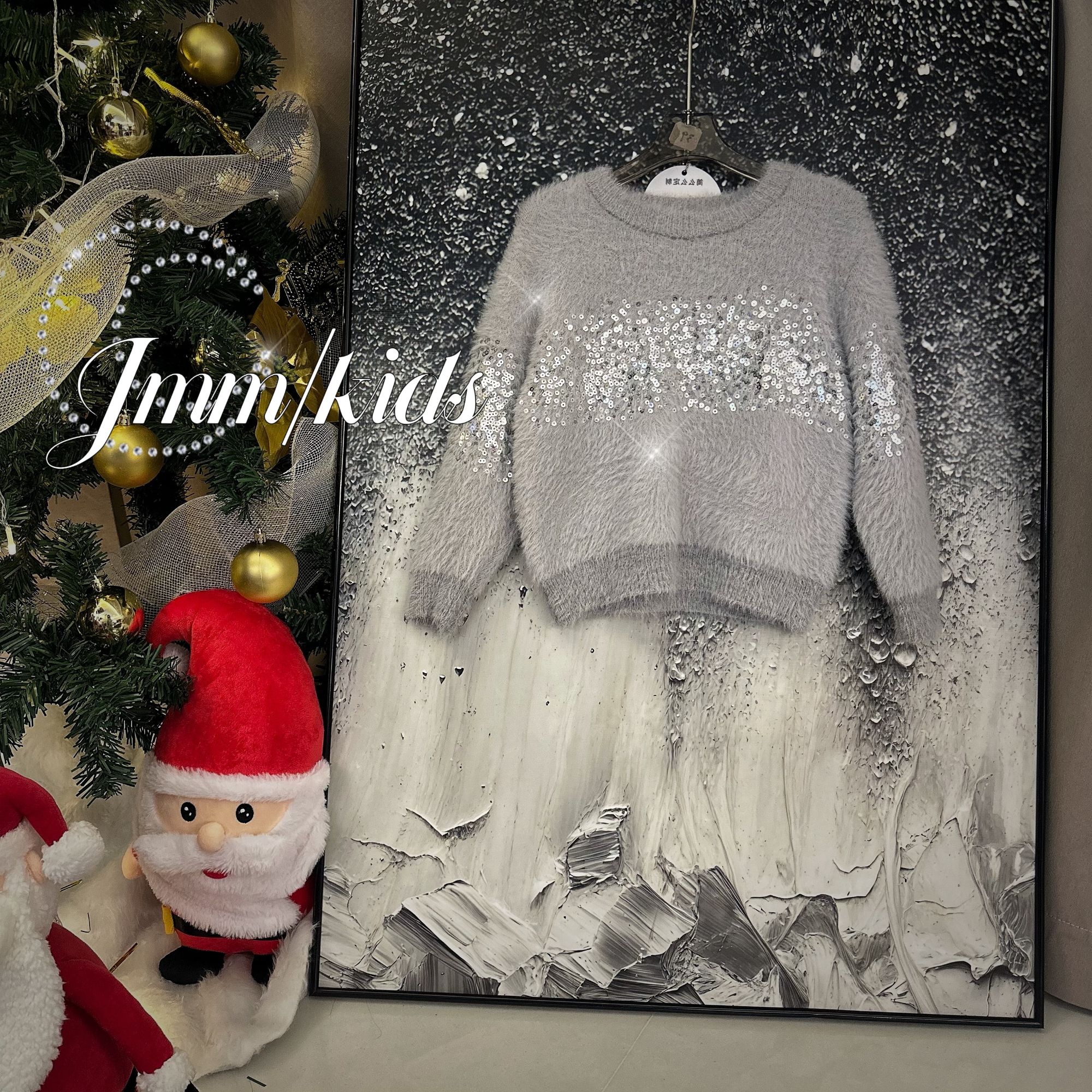 重工亮片设计针织衫女秋冬圆领套头百搭长袖上衣孤品-灰毛绒A056