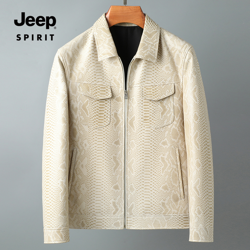 JEEP SPIRIT 秋冬男士新款绵羊皮真皮皮衣高档时尚潮流翻领款夹克