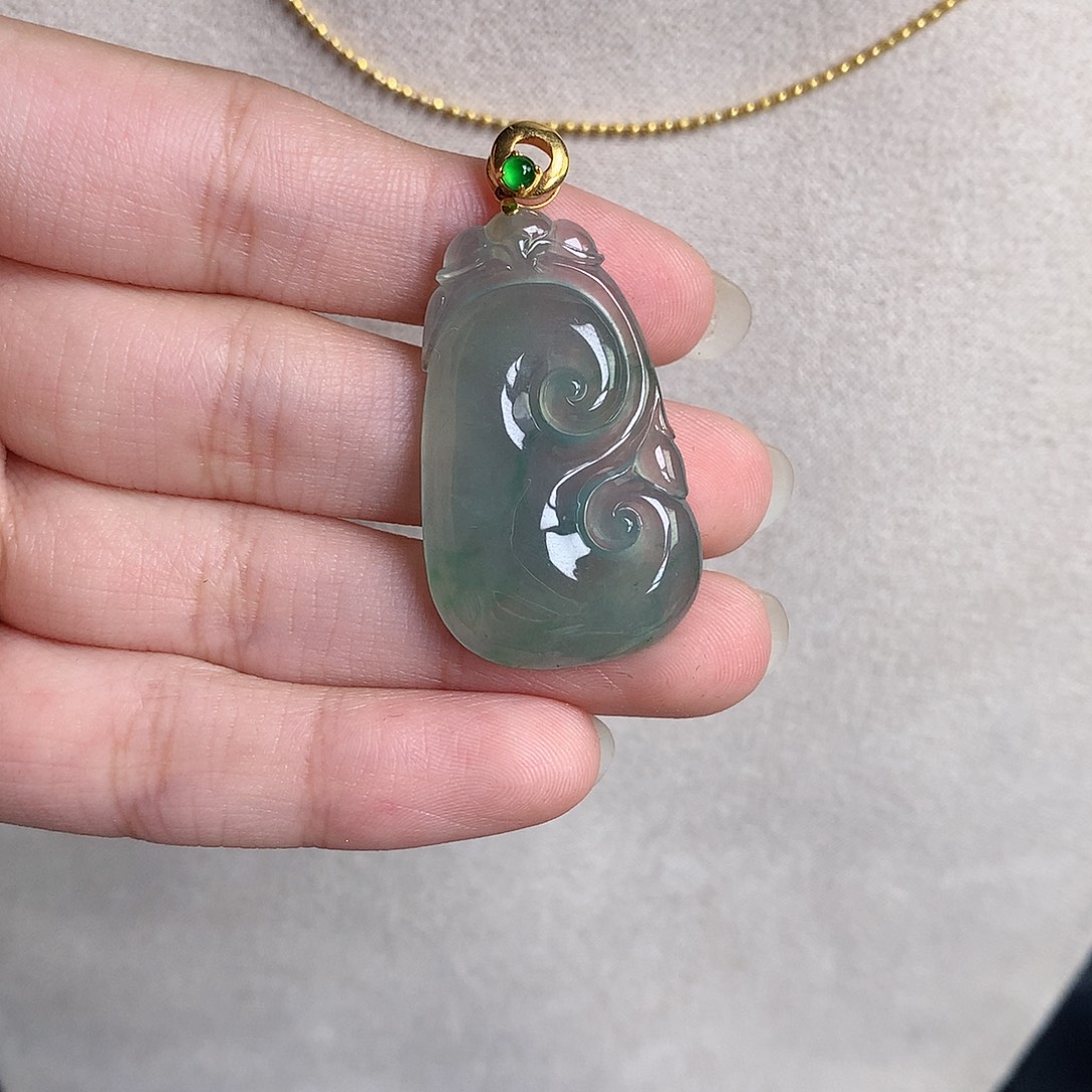 翡翠裸石18K金镶嵌缅甸天然A货翡翠冰种如意