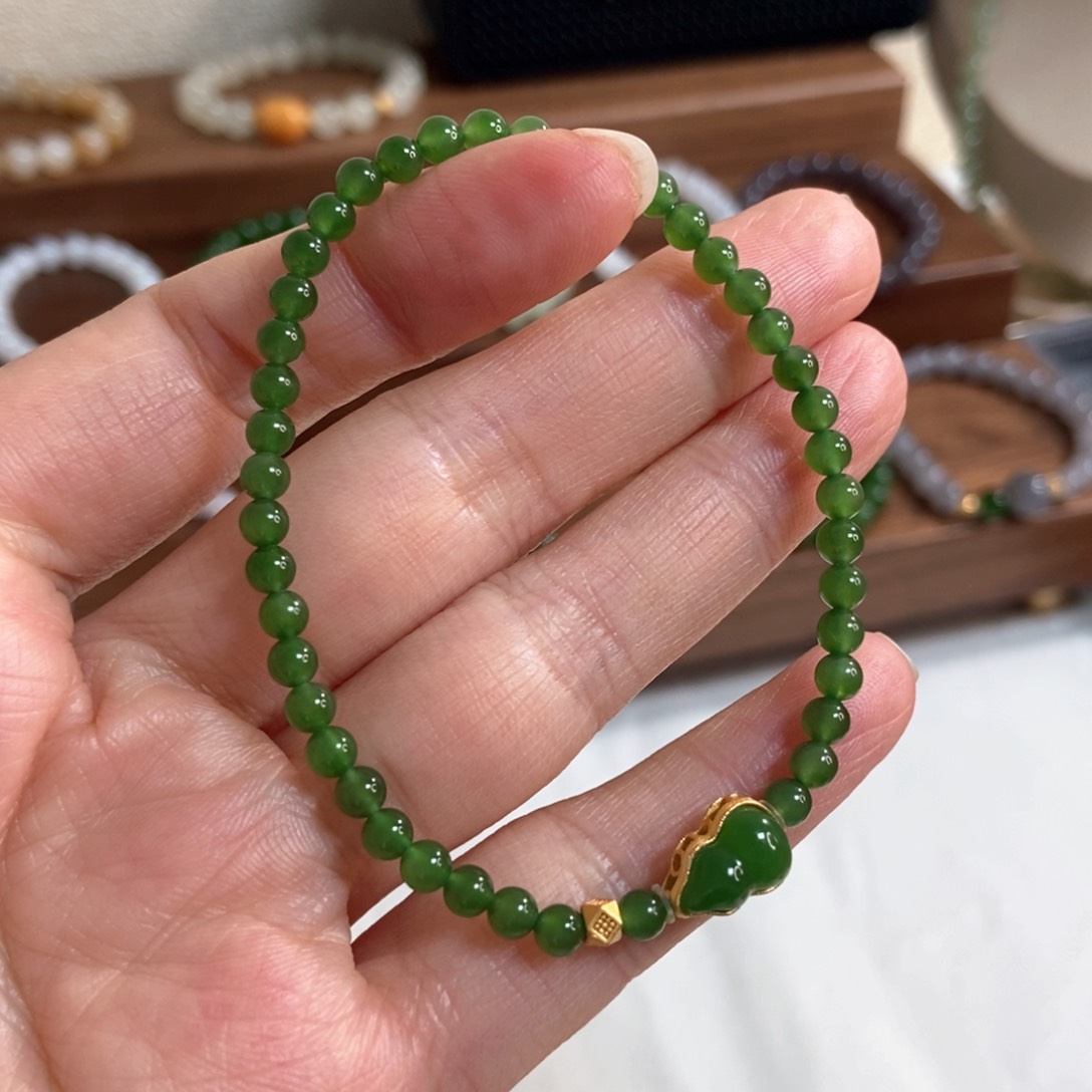 和田玉手链银S925镶嵌4mm碧玉