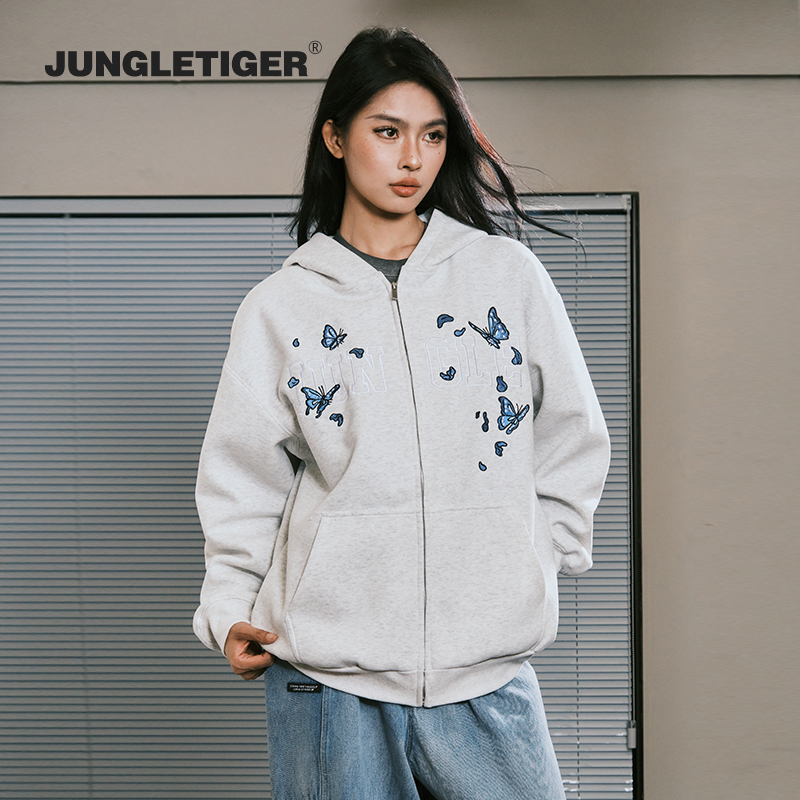 丛林老虎复古蝴蝶刺绣拉链卫衣男女街头潮牌420g重磅华棉情侣外套