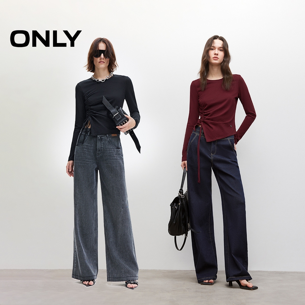 ONLY2025秋季新款不对称抽绳舒适正肩圆领长袖T恤女|125302013