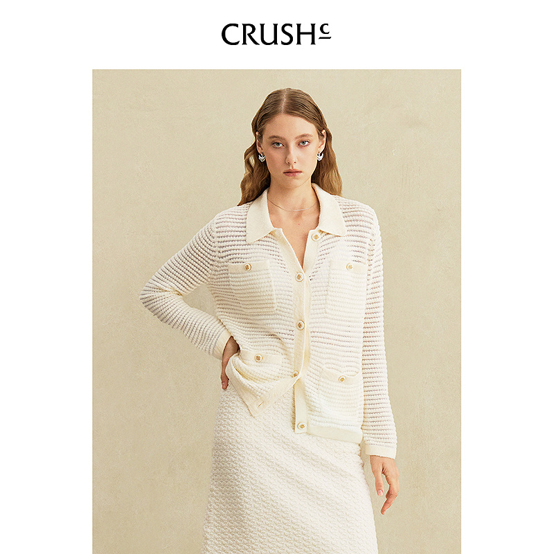 Crush Collection2025年早秋新款丝绒镂空翻领针织开衫外搭上衣女