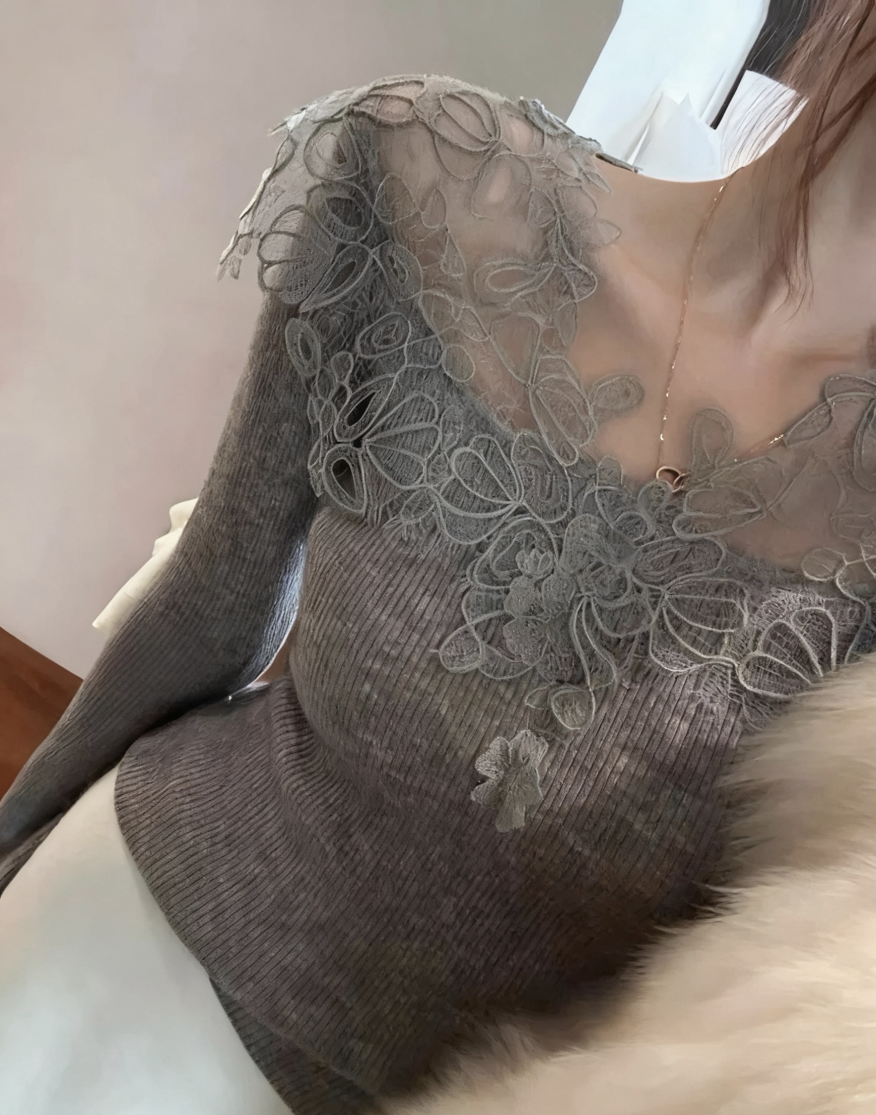 许我耀眼许妍法式纯欲风蕾丝一字肩针织衫毛衣秋冬毛衣打底衫上衣