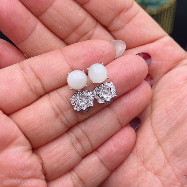 透闪石-蛇纹石玉耳坠银S925镶嵌禅**茶