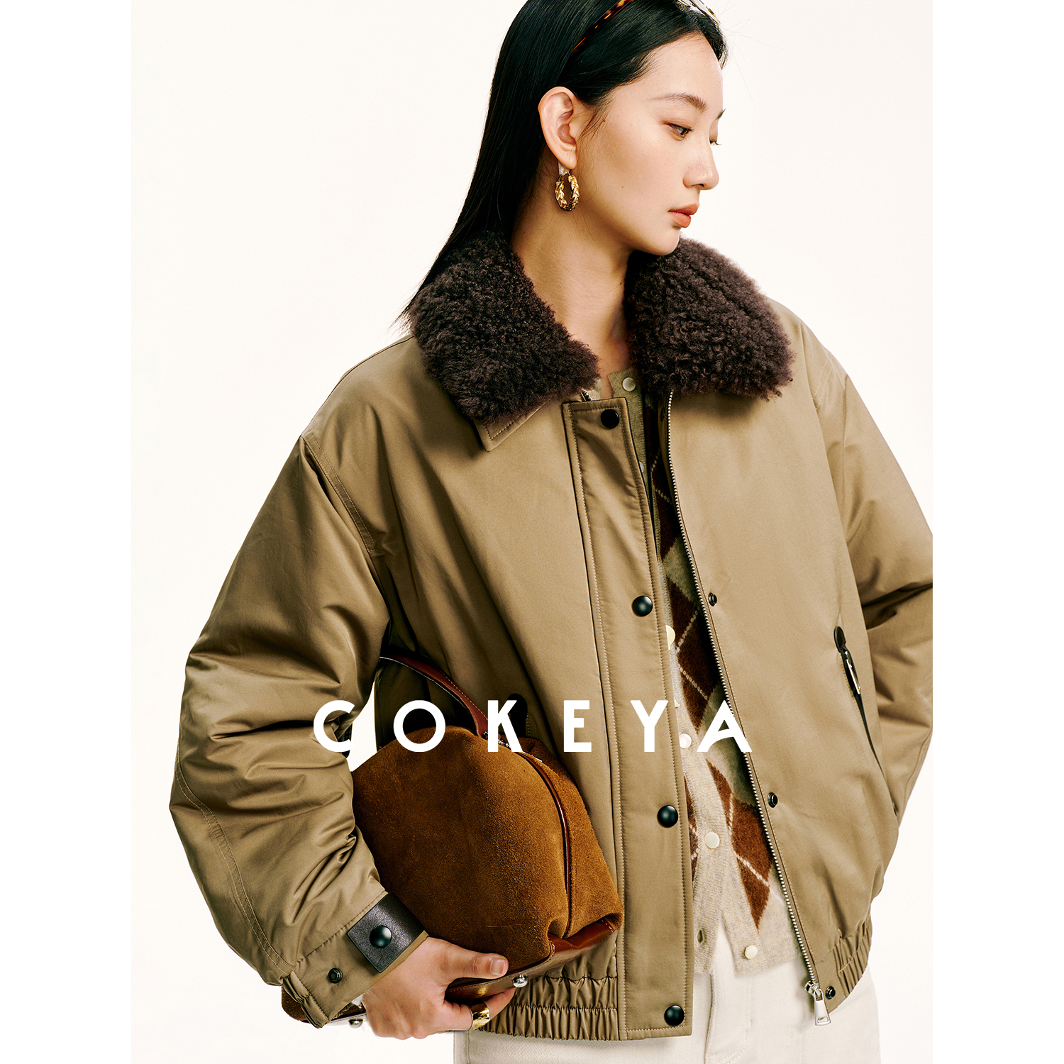 COKEYA/曼城旧事~微宽松oversize飞行员夹克毛领短款棉服外套女冬