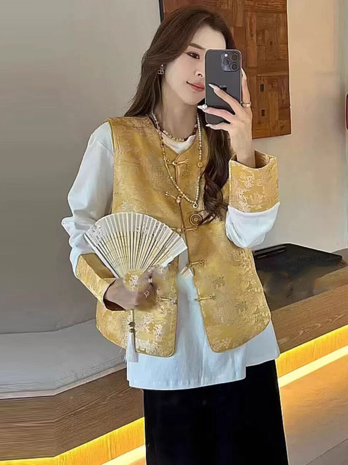 国风新中式小衫两件套2025春秋圆领长袖T恤+盘扣提花刺绣马甲女潮