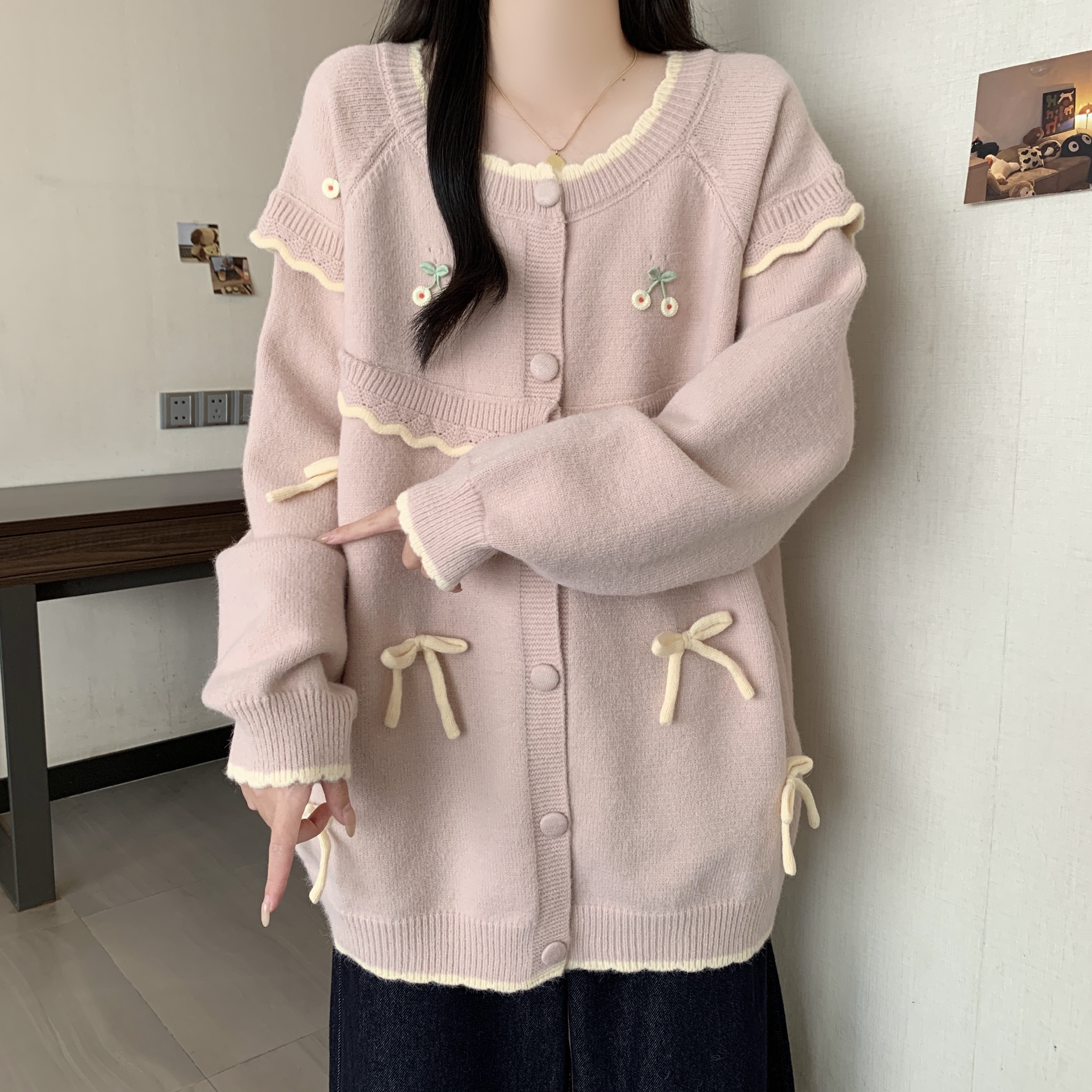 日系减龄蝴蝶结撞色针织开衫女秋冬大码胖mm慵懒风巨好看毛衣外套